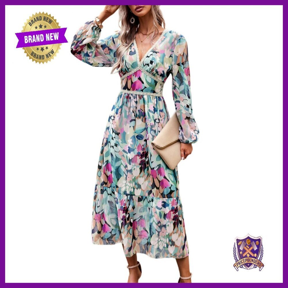 Chiffon Maxi Dress Long Sleeve V Neck Wrap Floral Wedding Guest